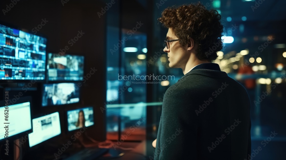 Man IT are looking at computer screen in server room.