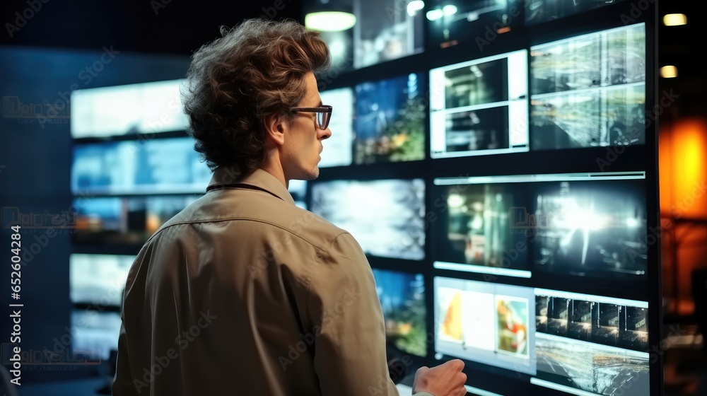 Professional developer standing and looking at computer displays for tracking operation system.