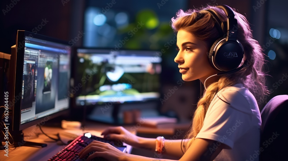 Teenage girl wearing headset gaming using dual computer screens play online game in gaming room at Home