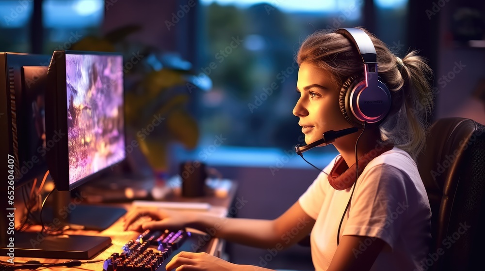 Teenage girl wearing headset gaming using dual computer screens play online game in gaming room at Home