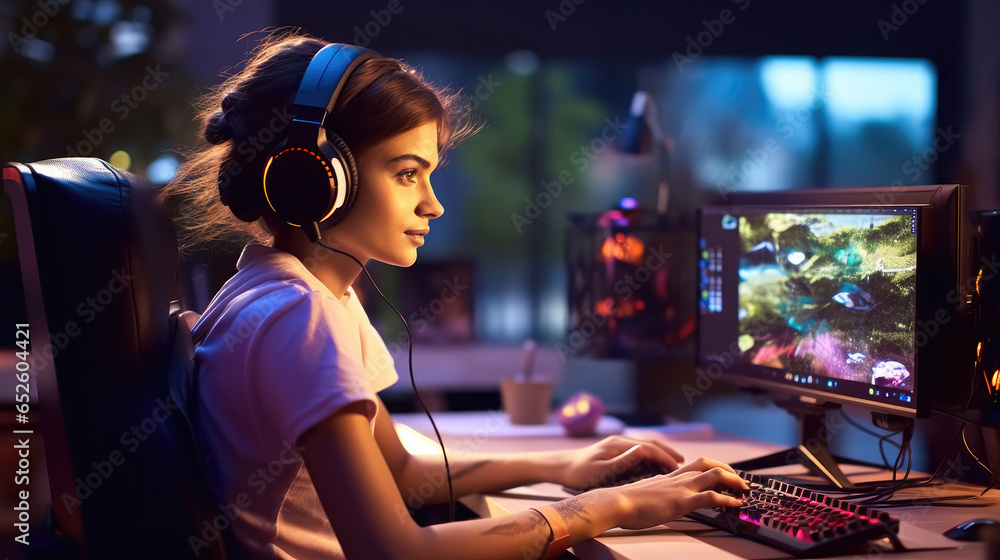 Teenage girl wearing headset gaming using dual computer screens play online game in gaming room at Home