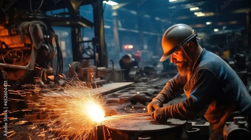 Welding process at the industrial workshop, Welder used grinding stone on steel in factory with sparks.