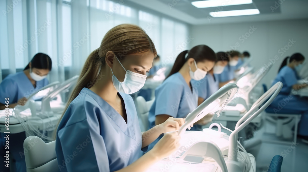 Medical intern studies assistant in an exam room.