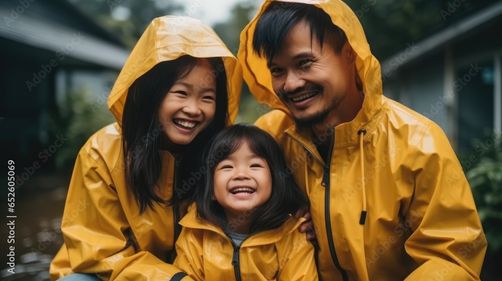 Young happy asian family in raincoats during rain on city road.