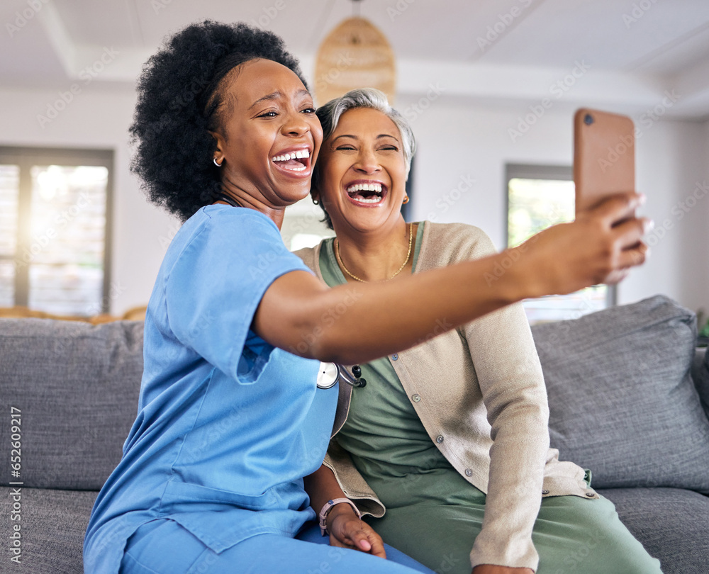 Selfie, phone and assisted living caregiver with an old woman in the living room of a home together. Social media, support or community with a happy nurse or volunteer and senior patient in a house