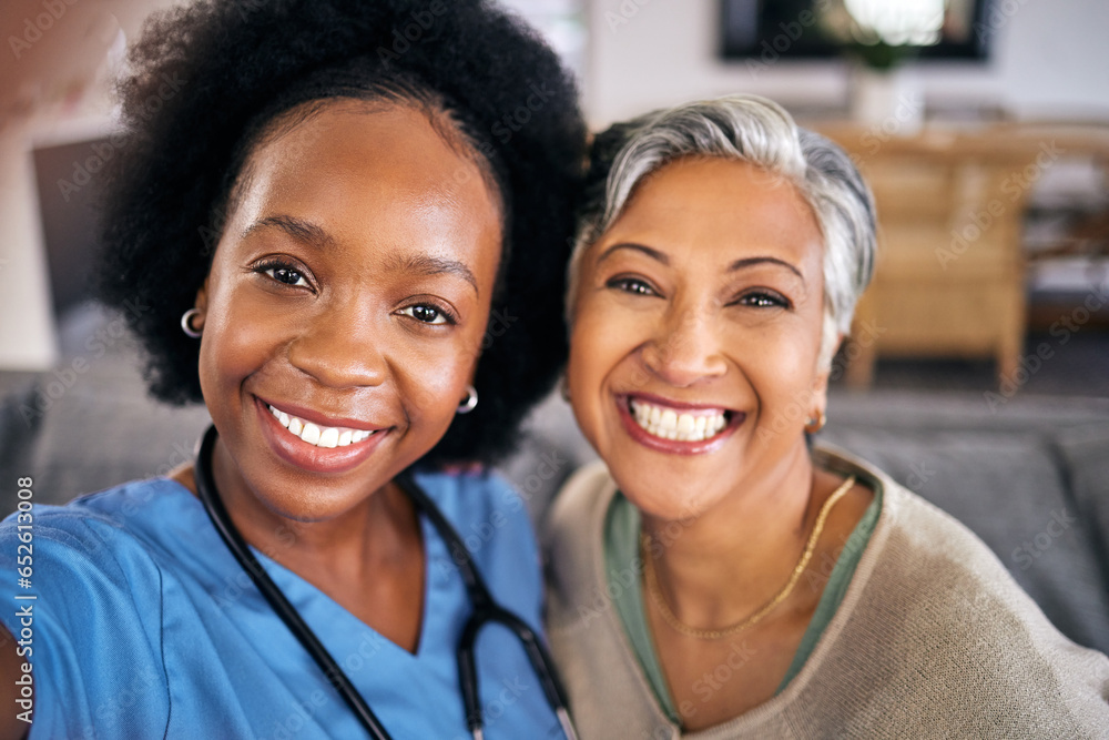 Selfie, smile and assisted living caregiver with an old woman in the living room of a home together. Portrait, support or community with a happy nurse or volunteer and senior patient in a house