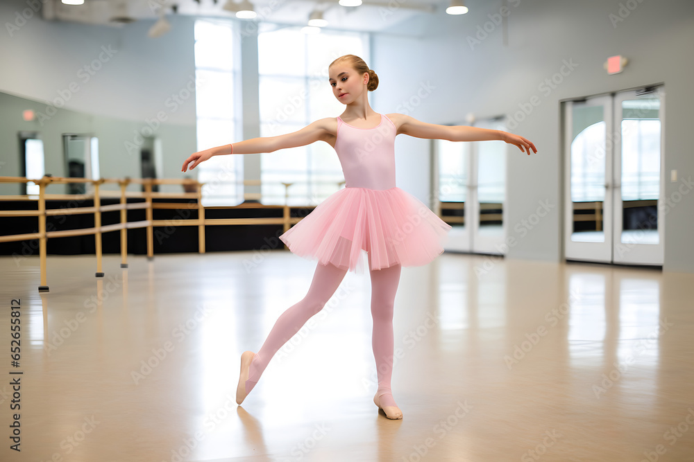 Teenage girl practicing dancing ballet in studio, young ballerina exercising in the barre