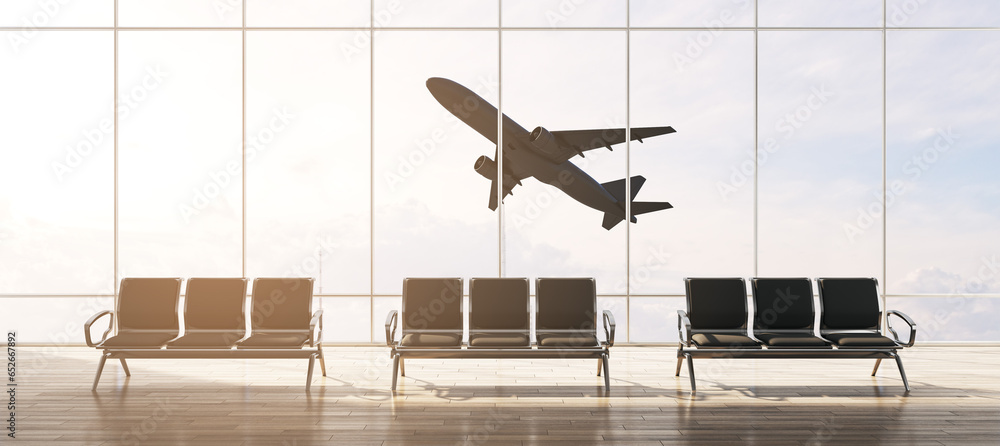 Modern airport interior with seats and flying airplane seen through panoramic window with city view and daylight. Take off, travel and transportation concept. 3D Rendering.