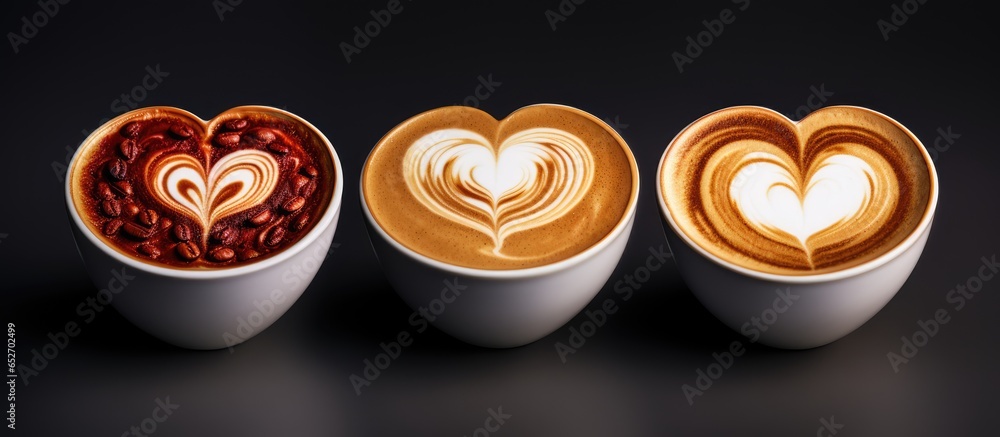 3 coffee styles heart shape love symbol on black cup lover sign on LATTE Cappuccino Mocha cups isolated on white background