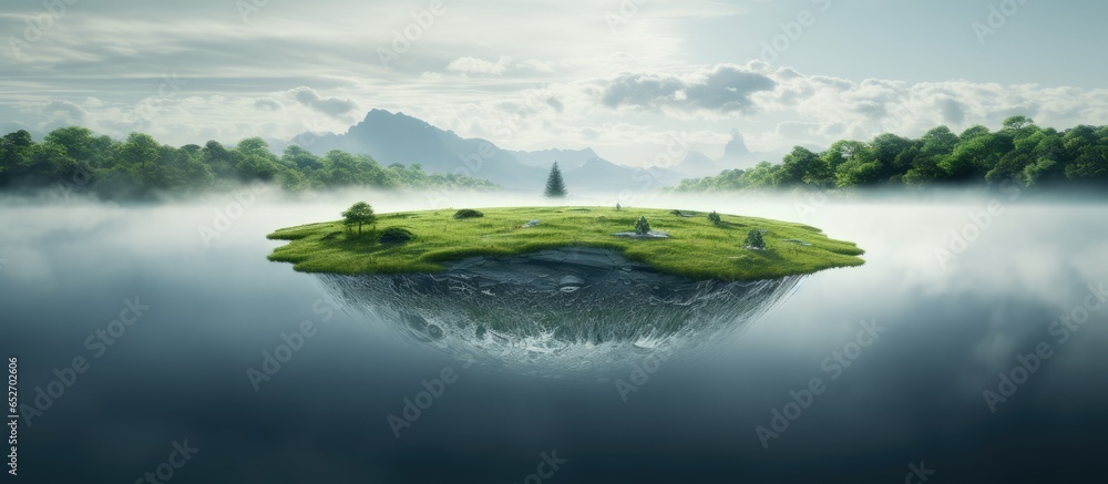 A pristine ecological metaphor of water purification in untouched nature depicted through a lake in the shape of a water droplet