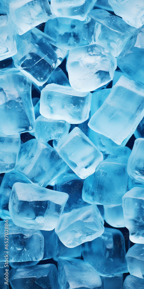 Ice cubes bluish background. Frozen water. Cold fresh concept. Generative AI