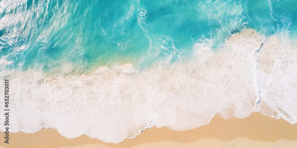 Top view oncoast with ocean waves. Blue water background. Summer seascape from air. Generative AI