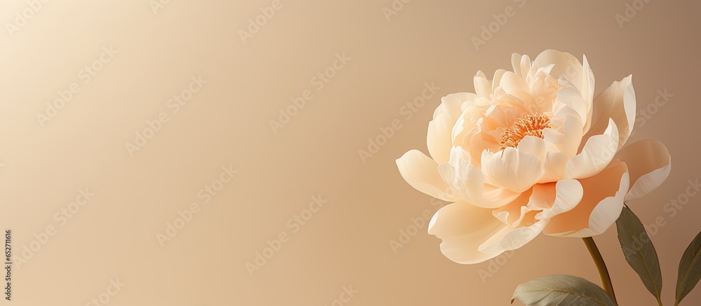 Sunlit shadows on a neutral peachy beige backdrop enhance the elegance of a peony flower