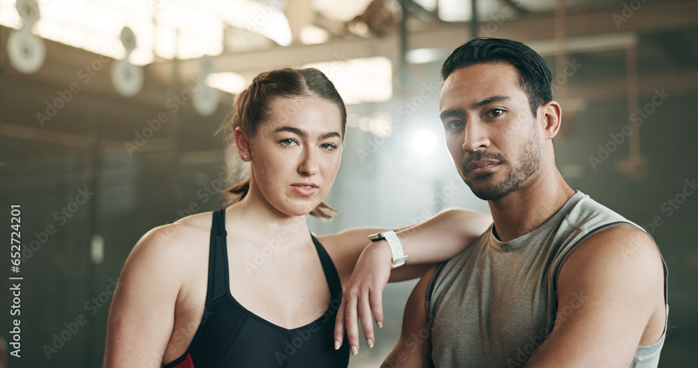 Fitness, friends and face in gym with confidence, workout and exercise class. Diversity, young people and wellness portrait of serious athlete with coach ready for training and sport at a health club