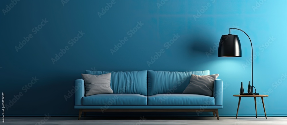 Minimalistic living room with blue sofa wooden table black lamp wood flooring and deep sky blue wall presented in