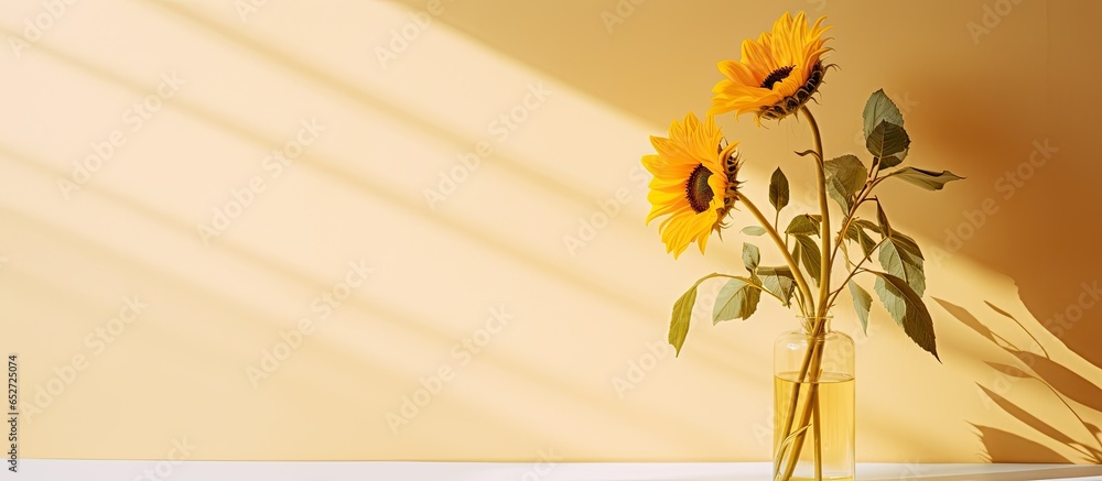 Minimalistic still life arrangement featuring a stylish sunflower with elegant sunlight shadows against a light backdrop