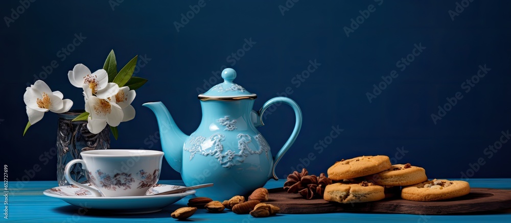 Tea and cookies on a blue backdrop