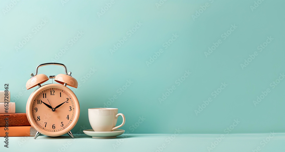 Vintage alarm clock and cup of hot coffee on the uniform pastel backdrop with a copy space. Generative AI