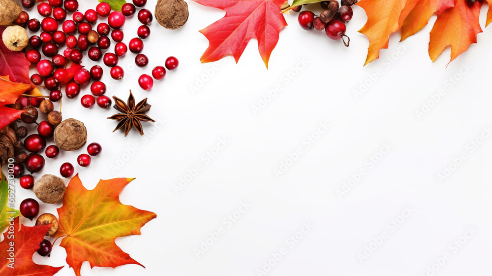 Autumn creative frame composition with dried leaves, chestnuts, red berries and cones on white background. Generative AI