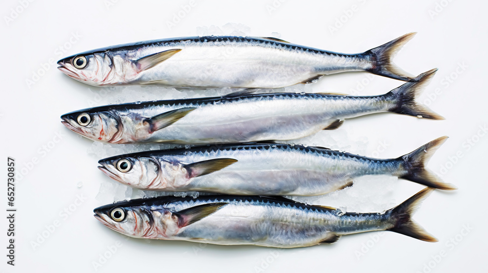 Fresh mackerel fish (Scomber scrombrus) on ice. Seafood background. Generative AI