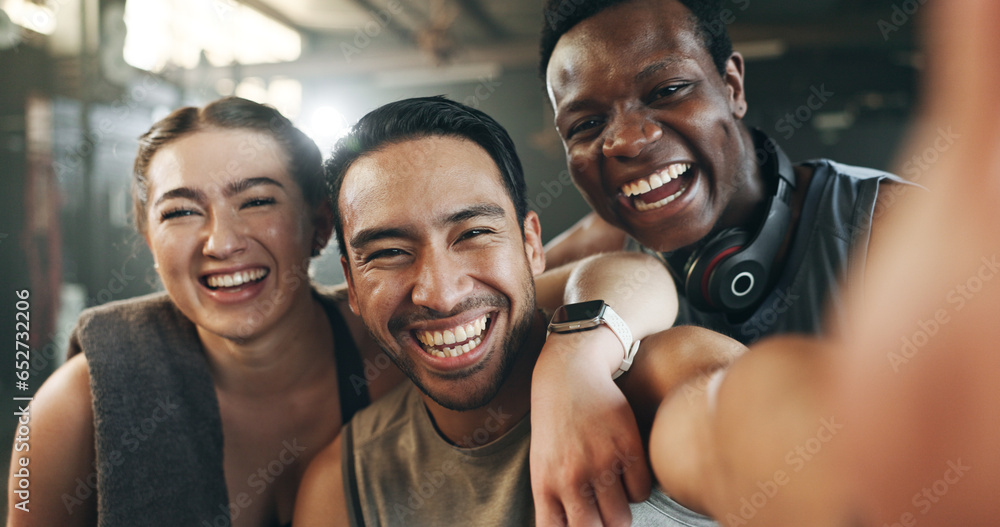 Happy people, friends and selfie in fitness, photography or memory together after workout at gym. Portrait of group smile in happiness for photograph, picture or social media at indoor health club