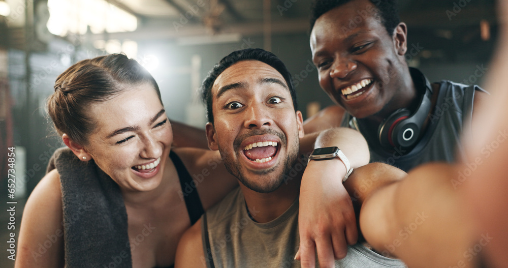 Happy people, friends and selfie in fitness, photography or memory together after workout at gym. Portrait of group smile in happiness for photograph, picture or social media at indoor health club