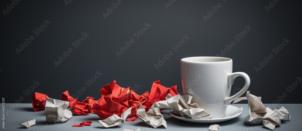 Gray crumpled wads and cup in the creative process