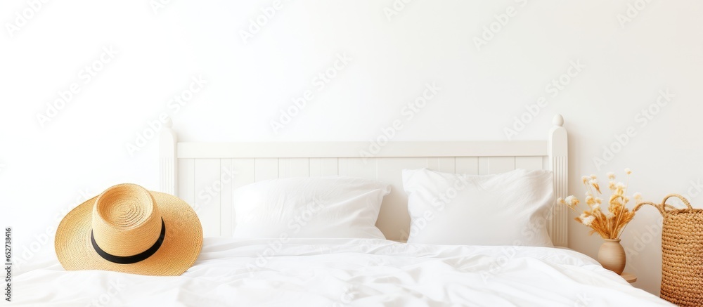 White bed with a straw hat