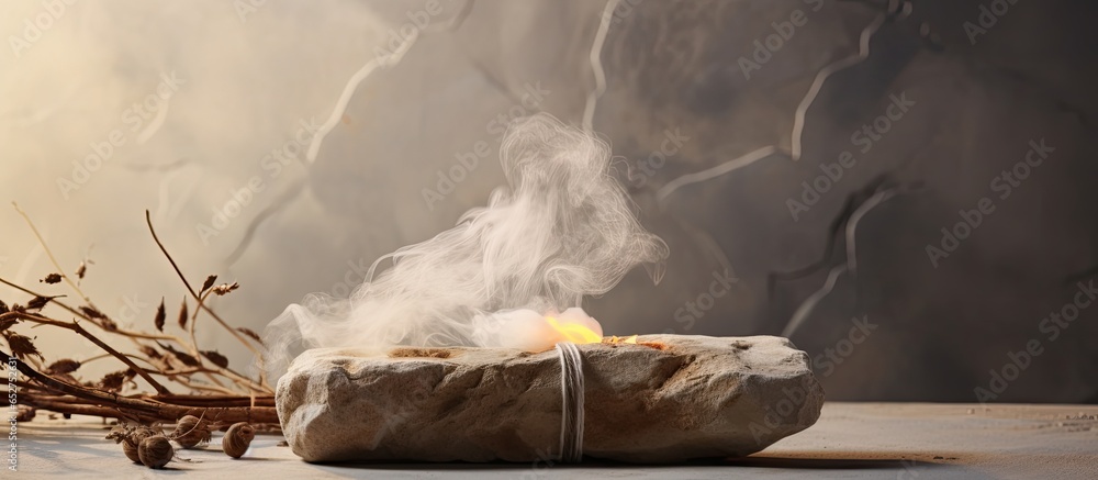 Meditation and relaxation with esoteric items palo santo on a stone neutral minimalist setting with light and shadow