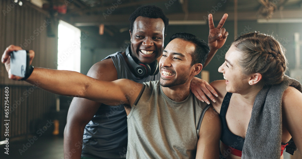 Selfie, motivation and fitness with friends at gym for social media, workout and health. Support, profile picture and wellness with people and training for teamwork, photography and exercise together