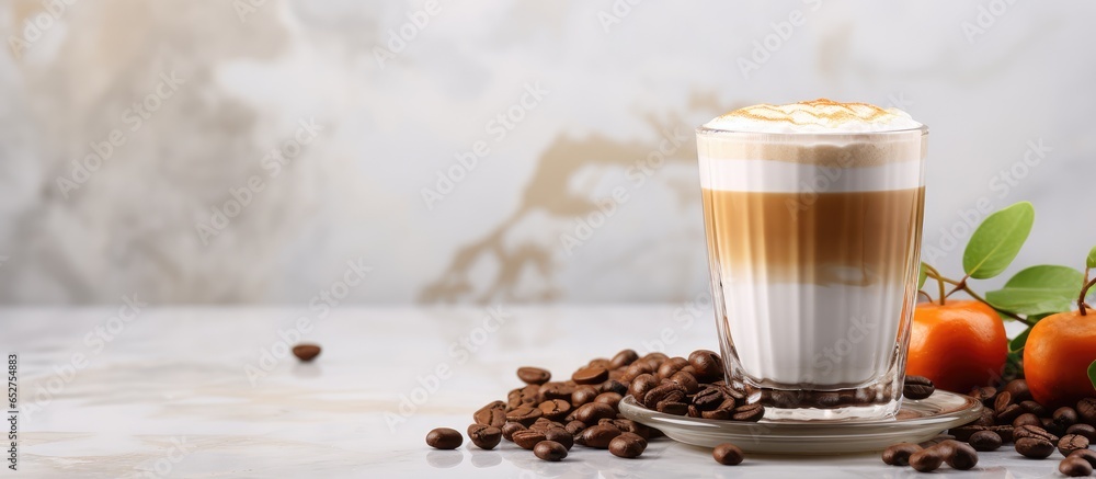 Caramel infused cappuccino or latte in a glass with coffee beans on marble background Front view with space for text