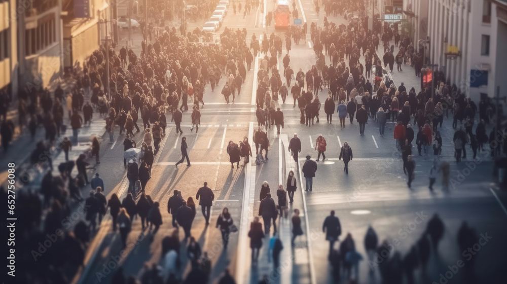 Aerial view of crowd people walks on a business street pedestrian in the city. blurred business people walking on a street. Generative Ai