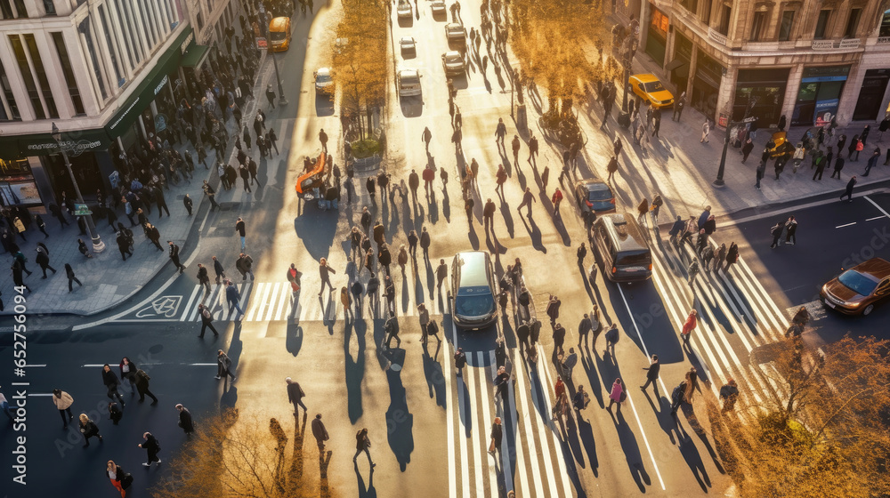 Aerial view of crowd people walks on a business street pedestrian in the city. blurred business people walking on a street. Generative Ai