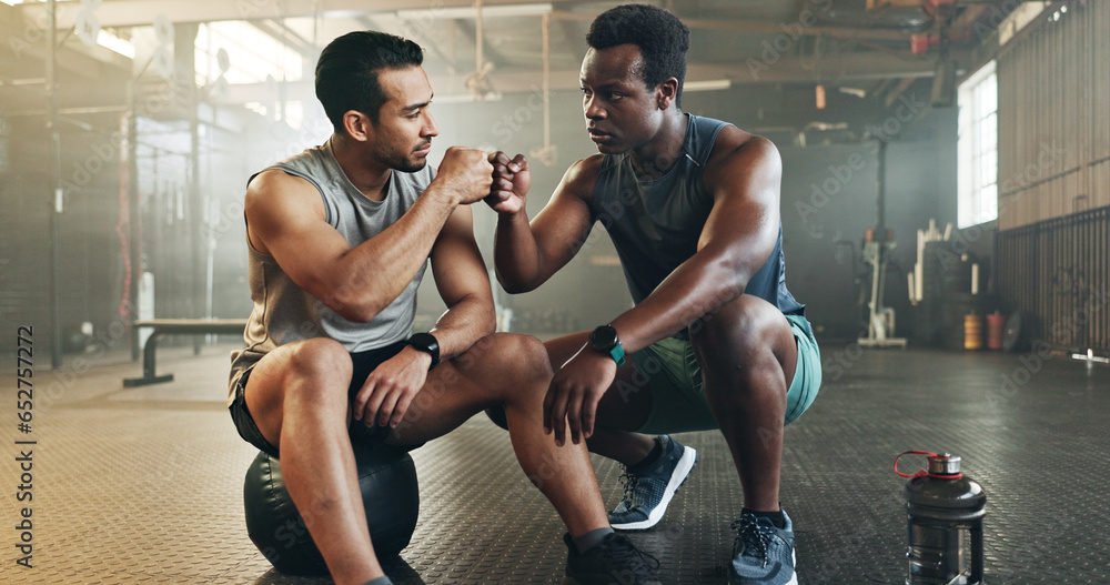 Fitness, men and fist bump in gym with confidence, workout motivation and exercise class. Diversity, friends and wellness portrait of athlete with coach ready for training and sport at a health club