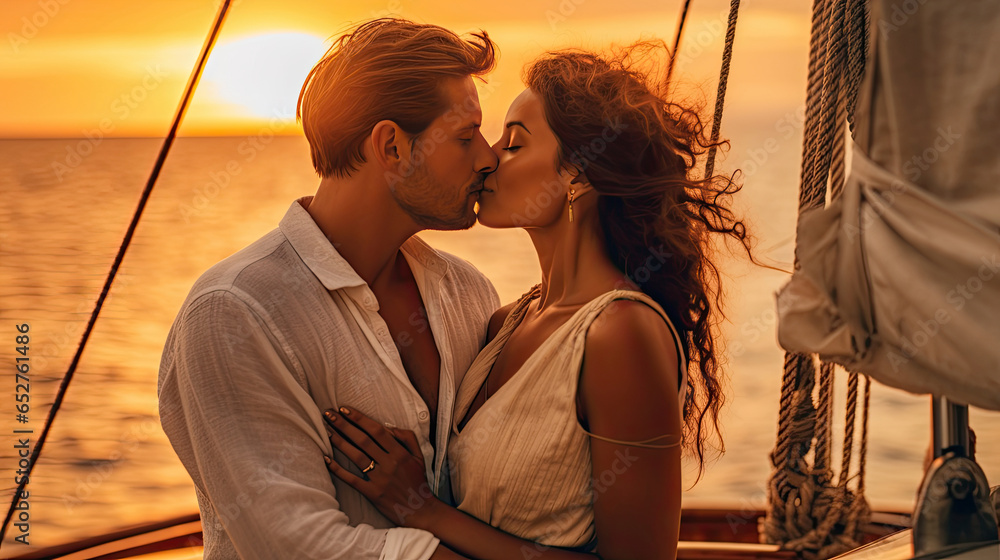 Beautiful couple waiting to kiss as they sail on a yacht against a sunset. Generative Ai