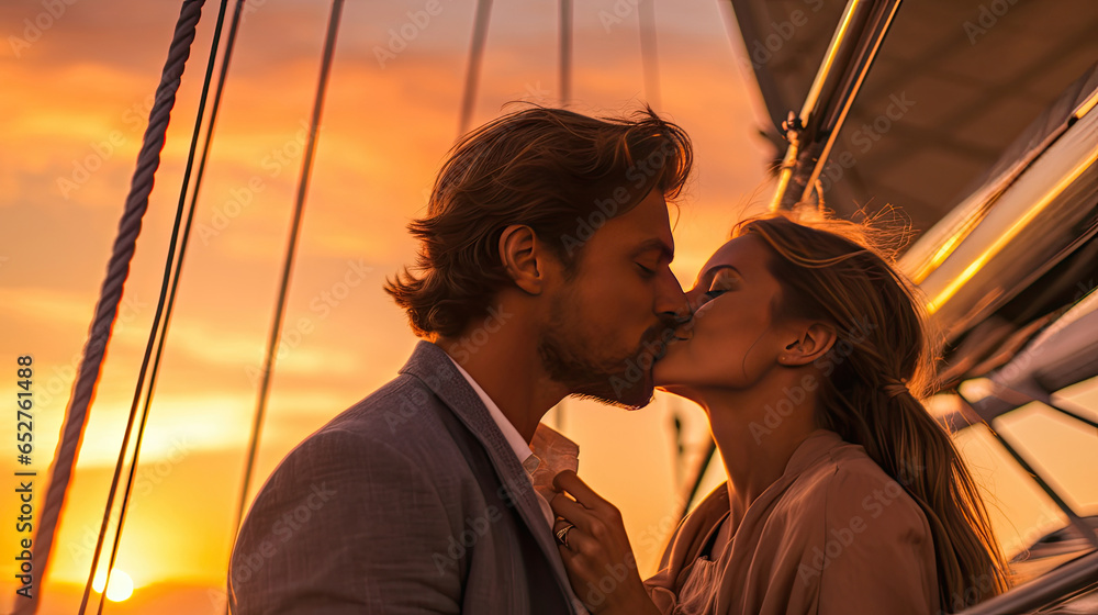 Beautiful couple waiting to kiss as they sail on a yacht against a sunset. Generative Ai