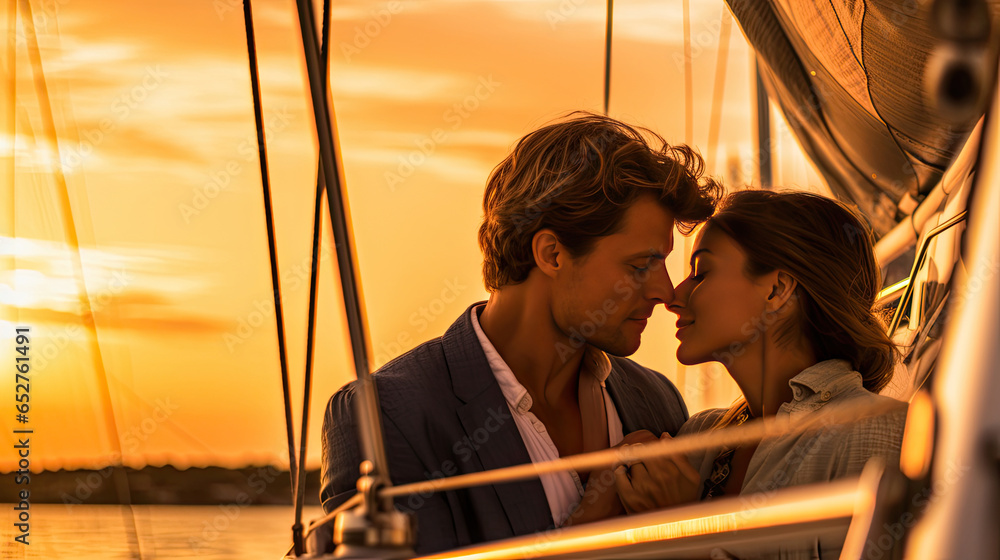 Beautiful couple waiting to kiss as they sail on a yacht against a sunset. Generative Ai