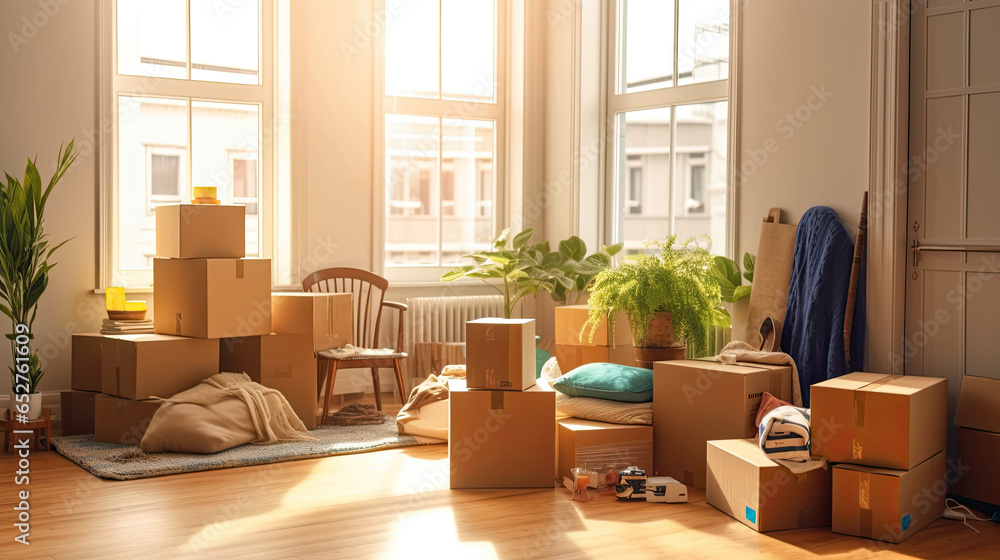 Cardboard boxes and cleaning things for moving into a new home. Move home concept. Generative Ai