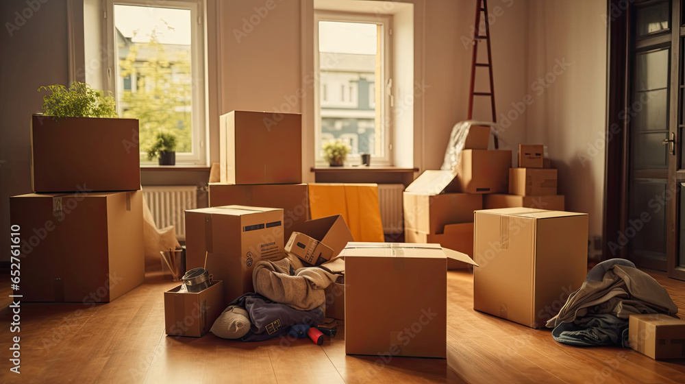 Cardboard boxes and cleaning things for moving into a new home. Move home concept. Generative Ai