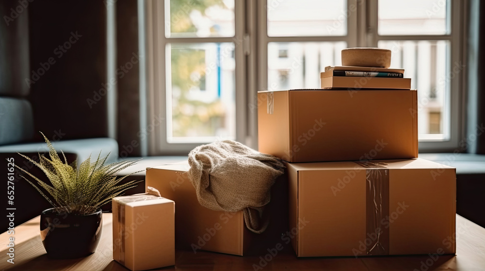 Cardboard boxes and cleaning things for moving into a new home. Move home concept. Generative Ai