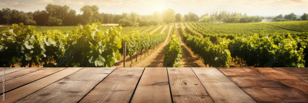 Empty wood table top with on blurred vineyard landscape background. Generative Ai