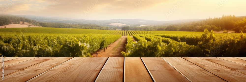 Empty wood table top with on blurred vineyard landscape background. Generative Ai