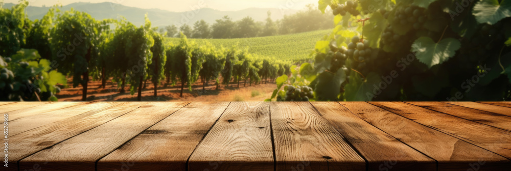 Empty wood table top with on blurred vineyard landscape background. Generative Ai