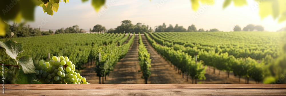 Empty wood table top with on blurred vineyard landscape background. Generative Ai