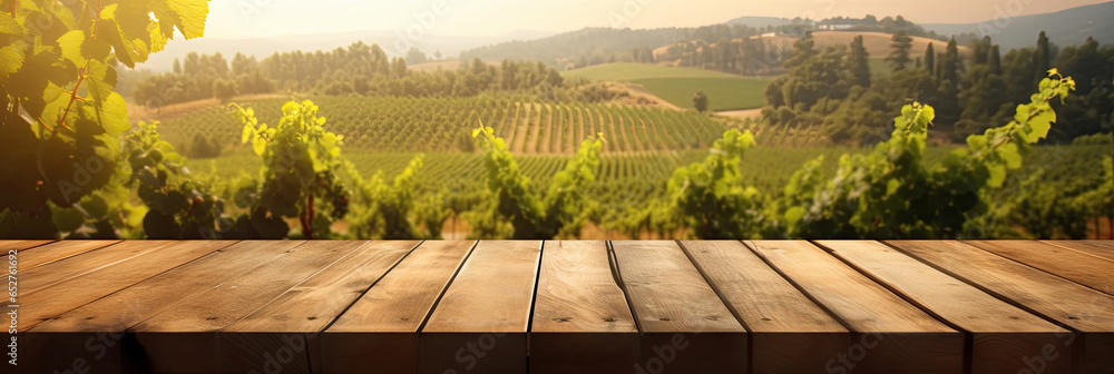 Empty wood table top with on blurred vineyard landscape background. Generative Ai