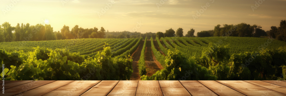 Empty wood table top with on blurred vineyard landscape background. Generative Ai