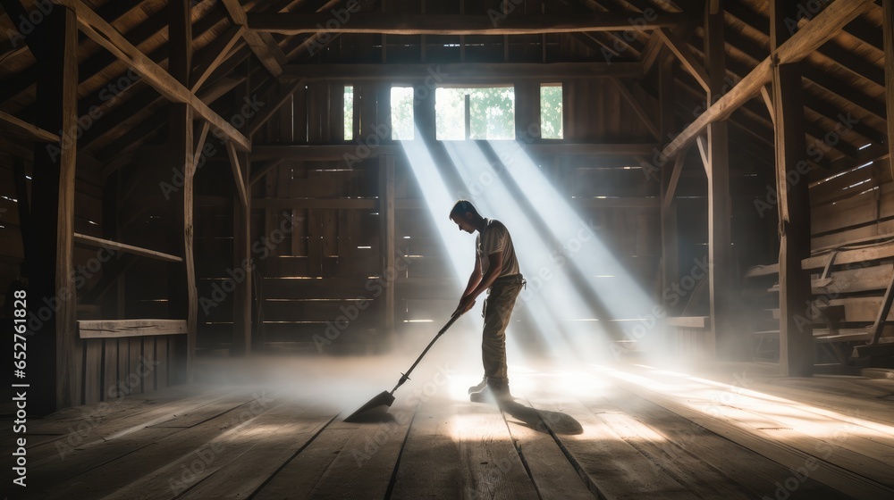 A man is vacuuming dust in his old wooden barn.