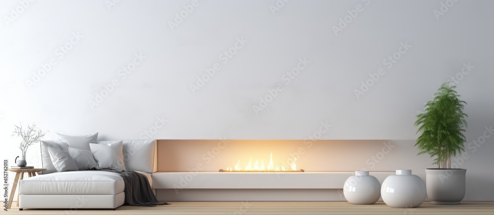 Sleek modern living room with white walls and fireplace Digital mockup