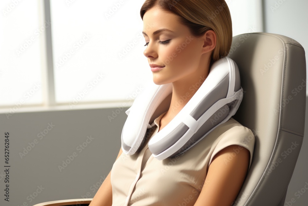 Beautiful woman relaxing with neck and shoulder massager, Relaxation, Muscle relaxation.