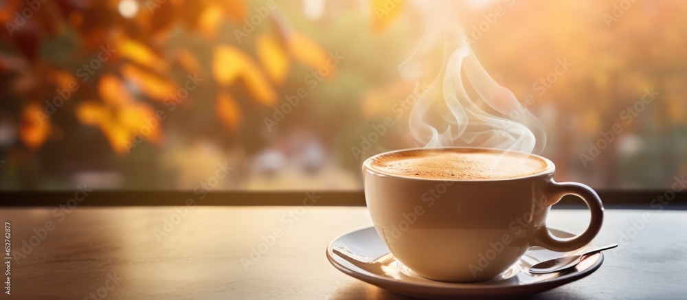 Sunlit table with a close up of a white cup filled with steamy morning coffee